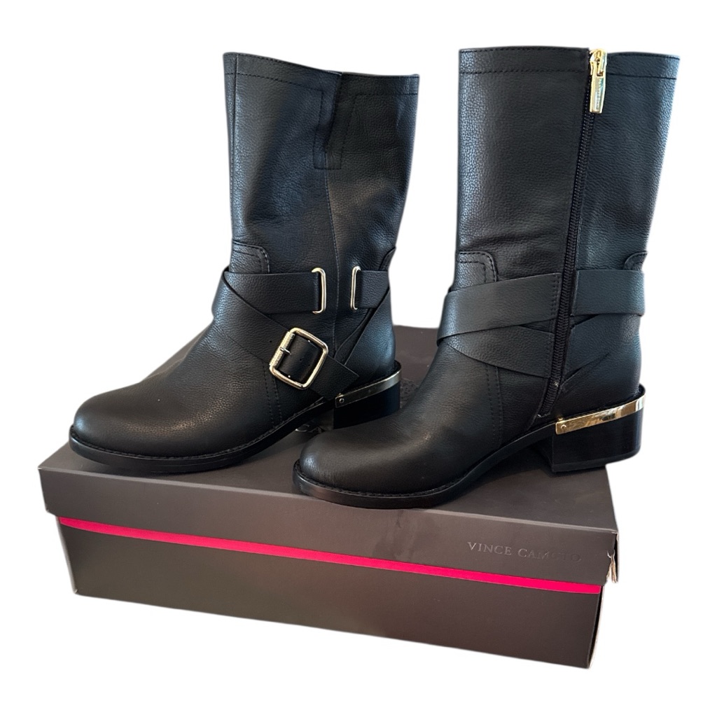 Vince Camuto Wethima Black Moto Boots Butter Calf Mid Calf Sz 6.5